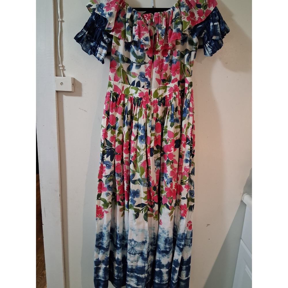 MISA Los Angeles Floral Tie Dye Ruffle Off Shoulder Maxi Dress Pink Blue Size M - Picture 8 of 9